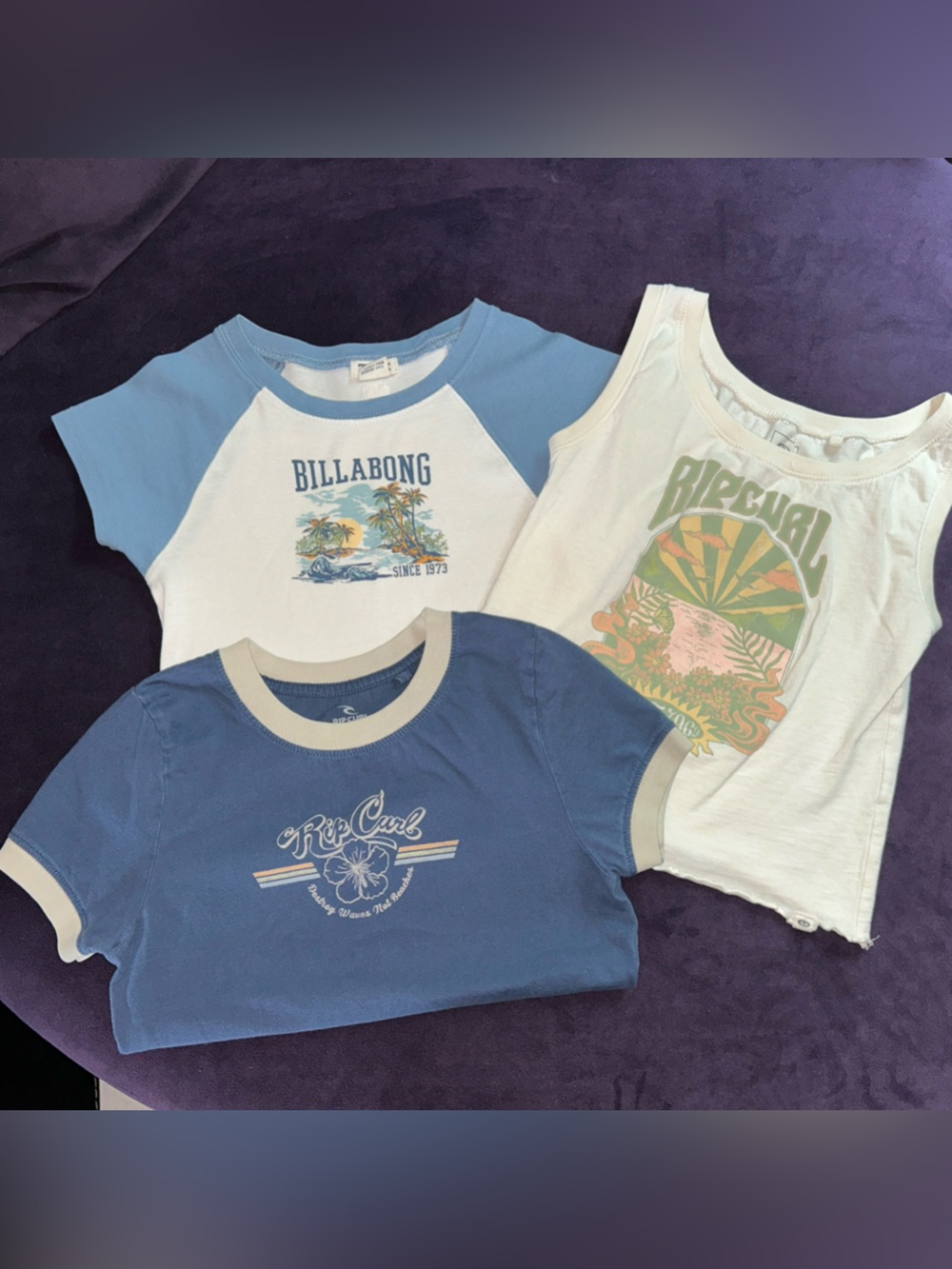 Billabong Girls Blue and White Surf Graphic Tee Trio M